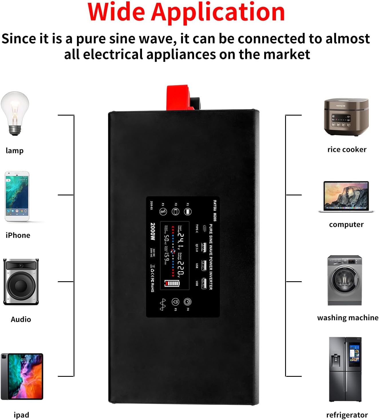 Pure Sine Wave Inverter DC 24V to AC 230V 2000W