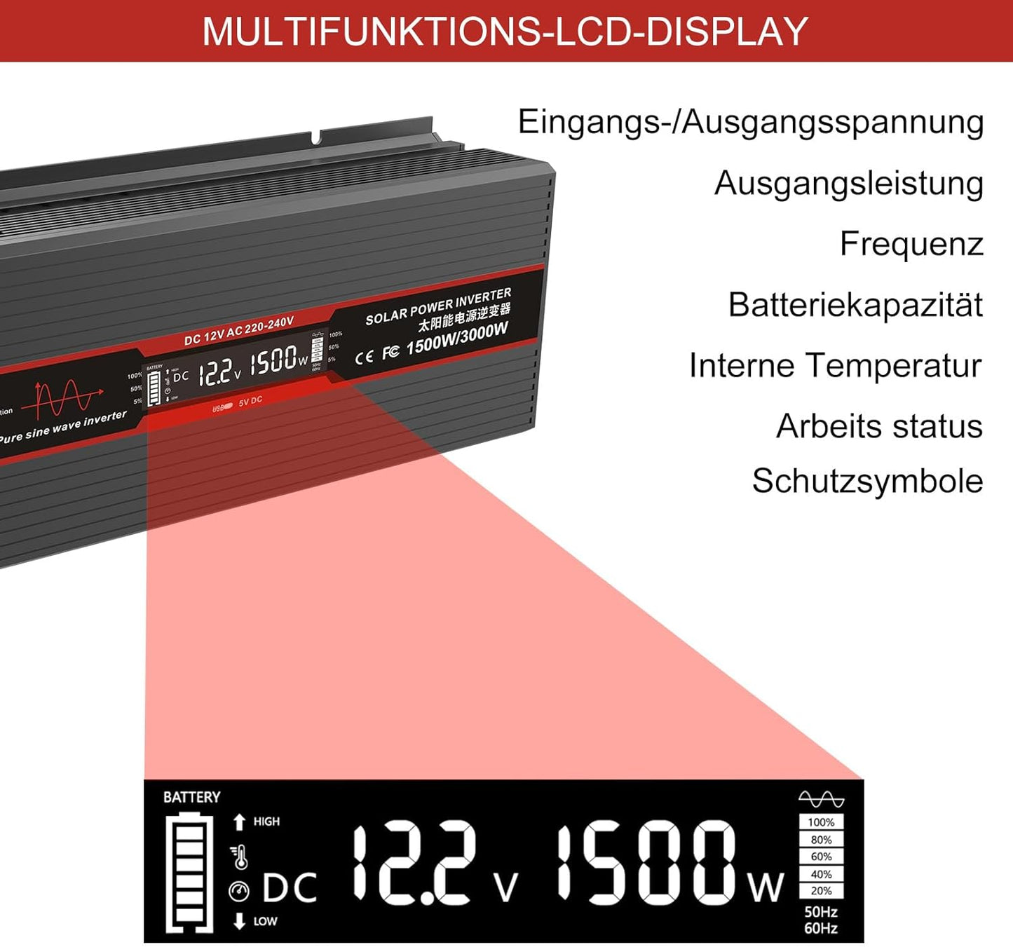 Inverter 1500W DC12V-AC230V Pure Sine Wave Converter with LCD Display