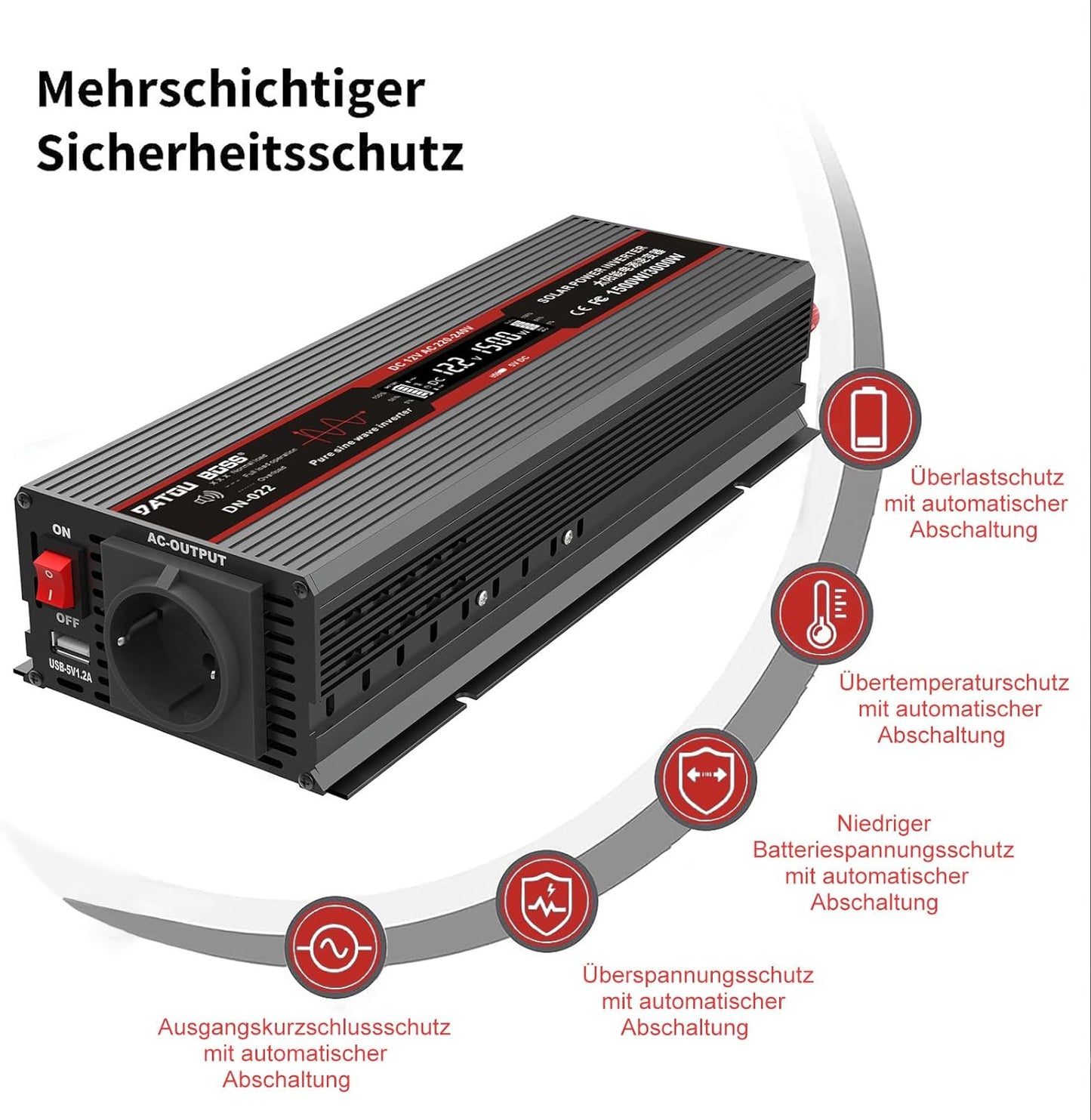 Inverter 1500W DC12V-AC230V Pure Sine Wave Converter with LCD Display