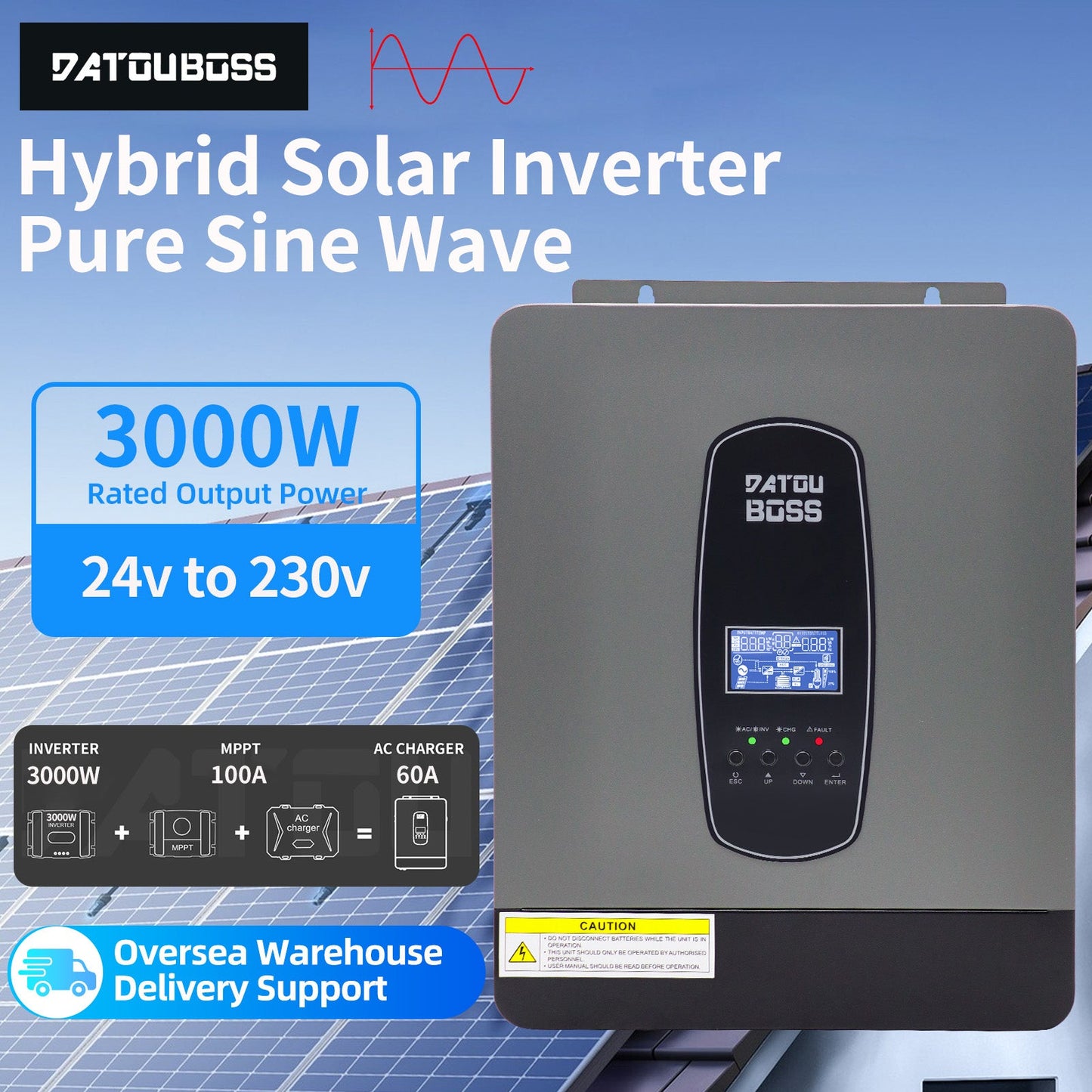 DT-24V 3000W Pure Sine Wave Inverter DC24V To AC230V Sine Wave Output MPPT Power Grid Solar Inverter Voltage Converter